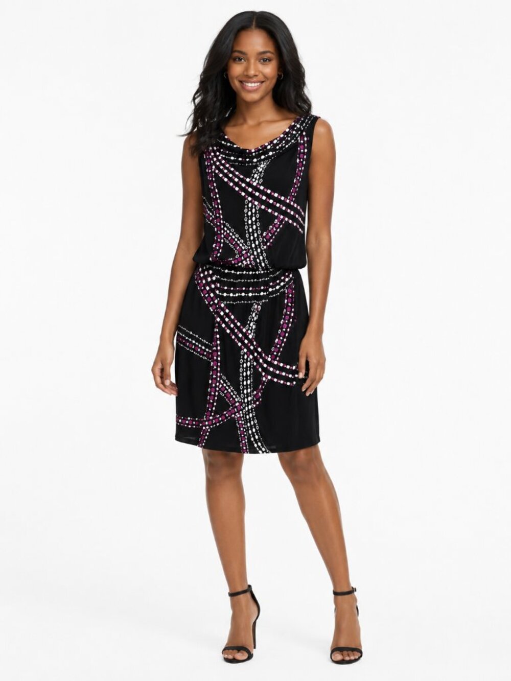 White House Black Market Black & Pink Sleeveless Dress with Cowl Neck, Size 10